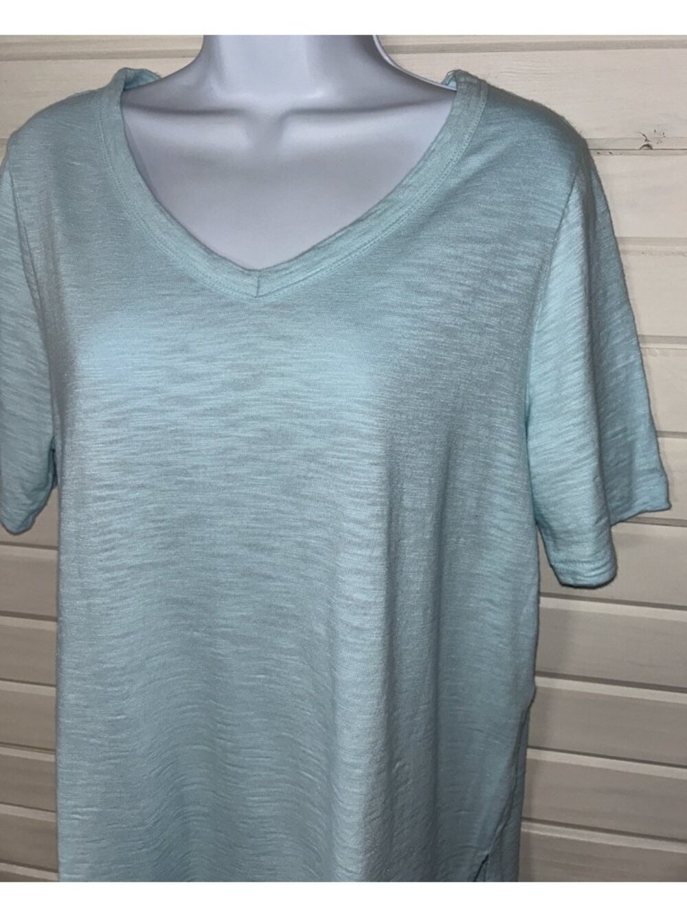 Chicos Sz 1 (MEDIUM) Cotton Blend Slub Aqua Blue Tee Elbow Sleeve EUC